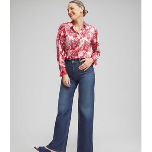 Chico's Floral Pleated‎ Blouse Shirt Size 4 US 20 Red Pink Career Casual Light